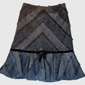 90s Style Insight Tweed Trumpet Skirt Size 10 Brown Fringed Velvet Bow Detailed